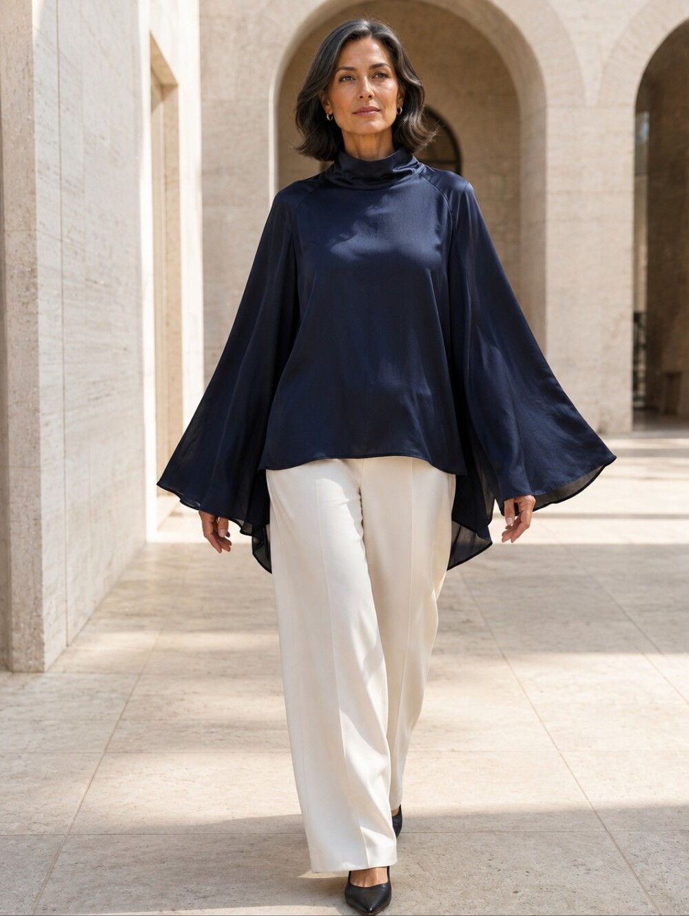 Massimo Dutti NWT 100% Mulberry Silk Cape Sleeve Blouse Navy US 6